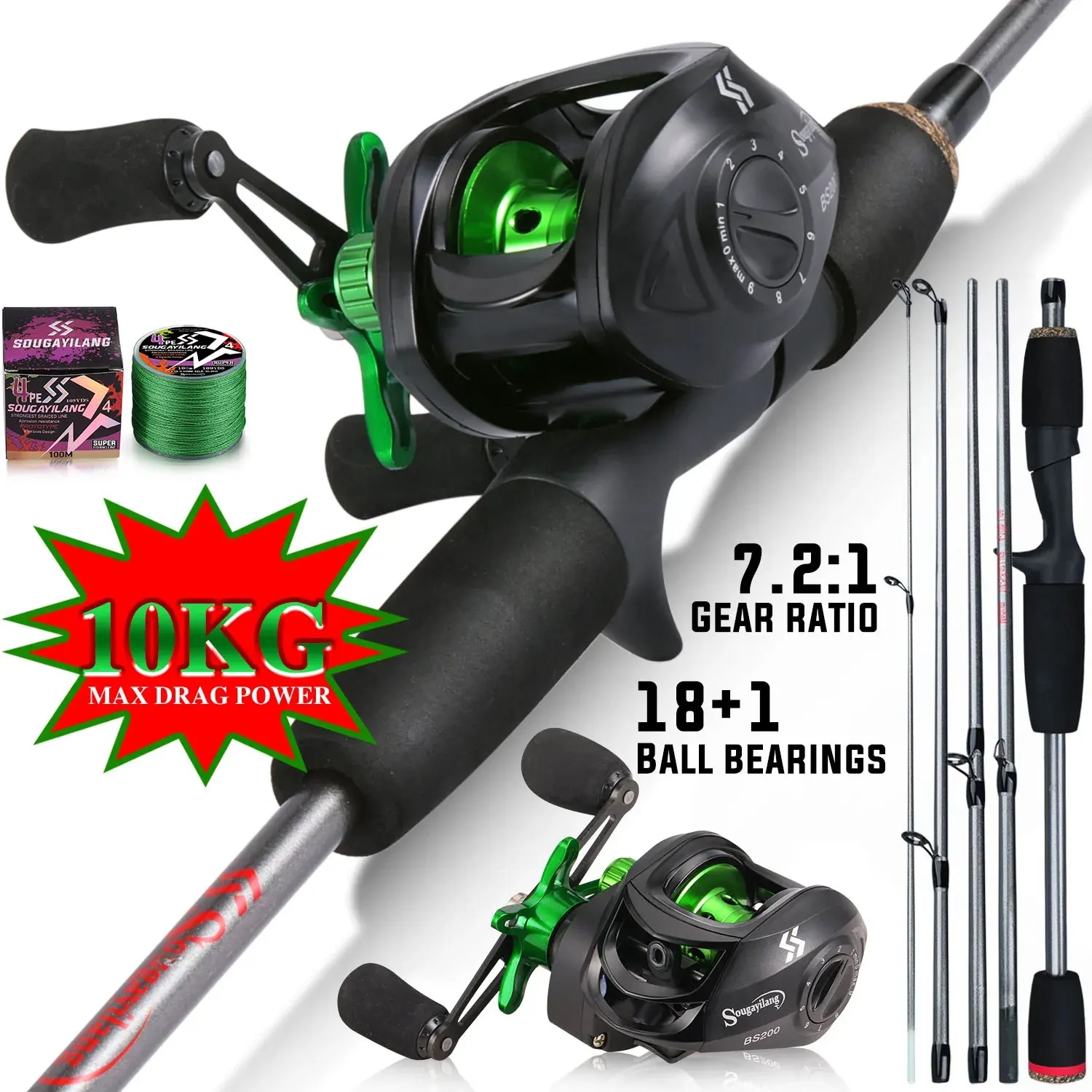 Spincast Reel - Sougayilang Angelruten-Kombination, 1,7 m, Kohlefaser-Gussrute und